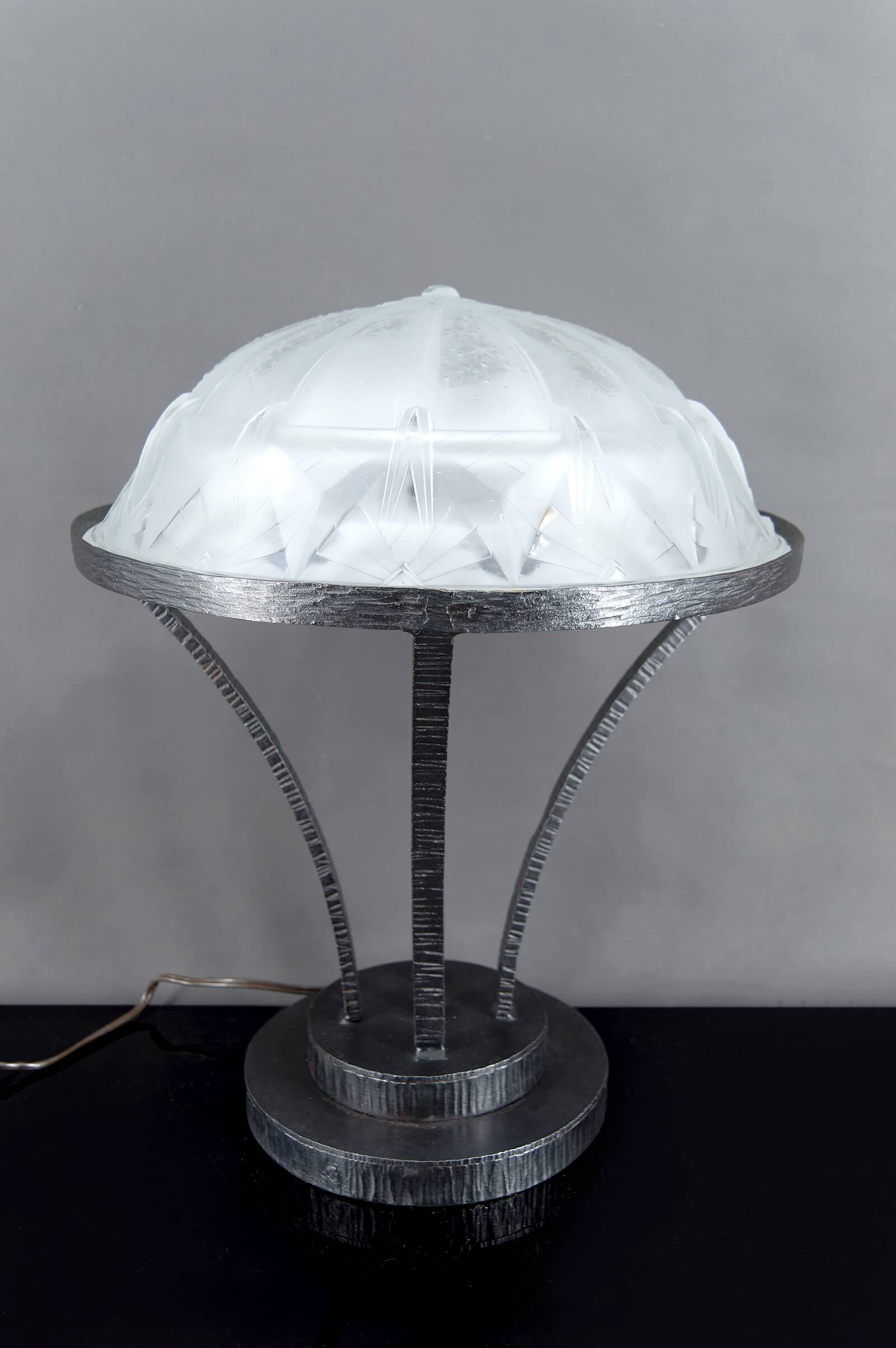 Important Art Deco Wrought Iron Lamp with Starry Glass Dome, c. 1930