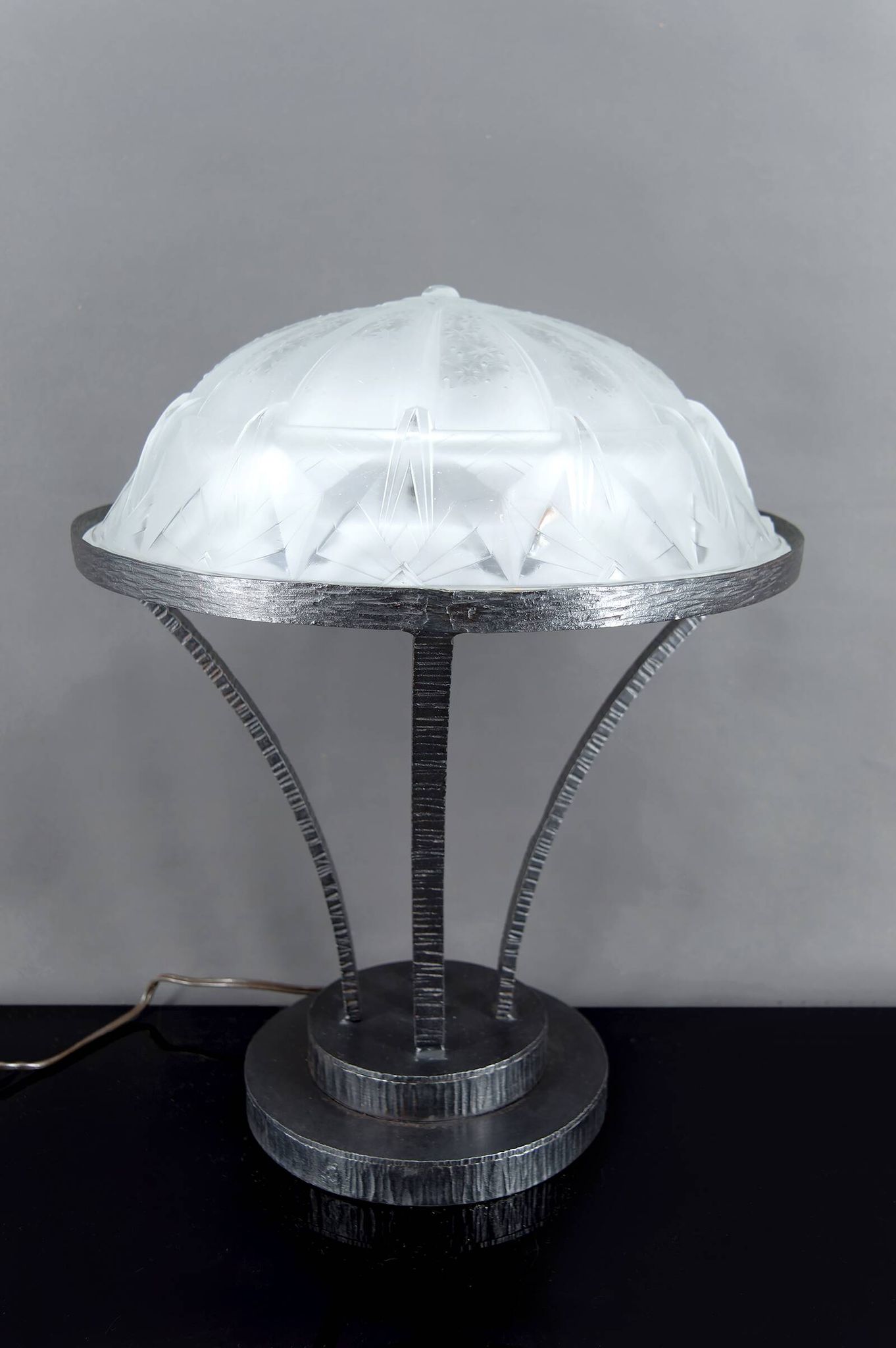Important Art Deco Wrought Iron Lamp with Starry Glass Dome, c. 1930