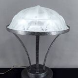 Important Art Deco Wrought Iron Lamp with Starry Glass Dome, c. 1930