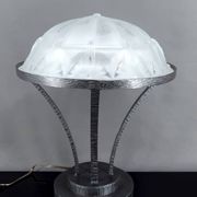 Important Art Deco Wrought Iron Lamp with Starry Glass Dome, c. 1930