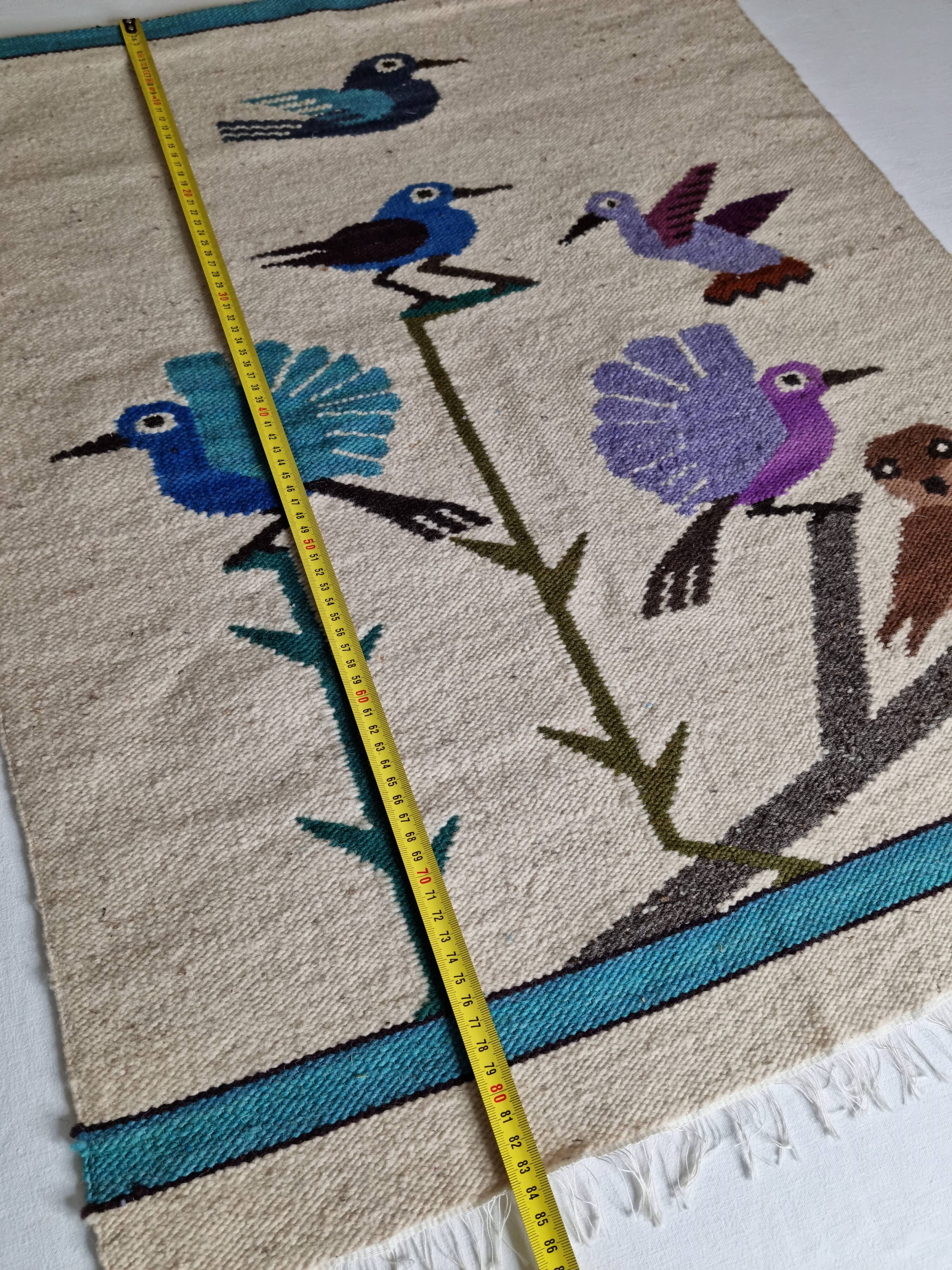 Handcrafted wall tapestry in dyed wool, bird decor, 67 cm by 84 cm