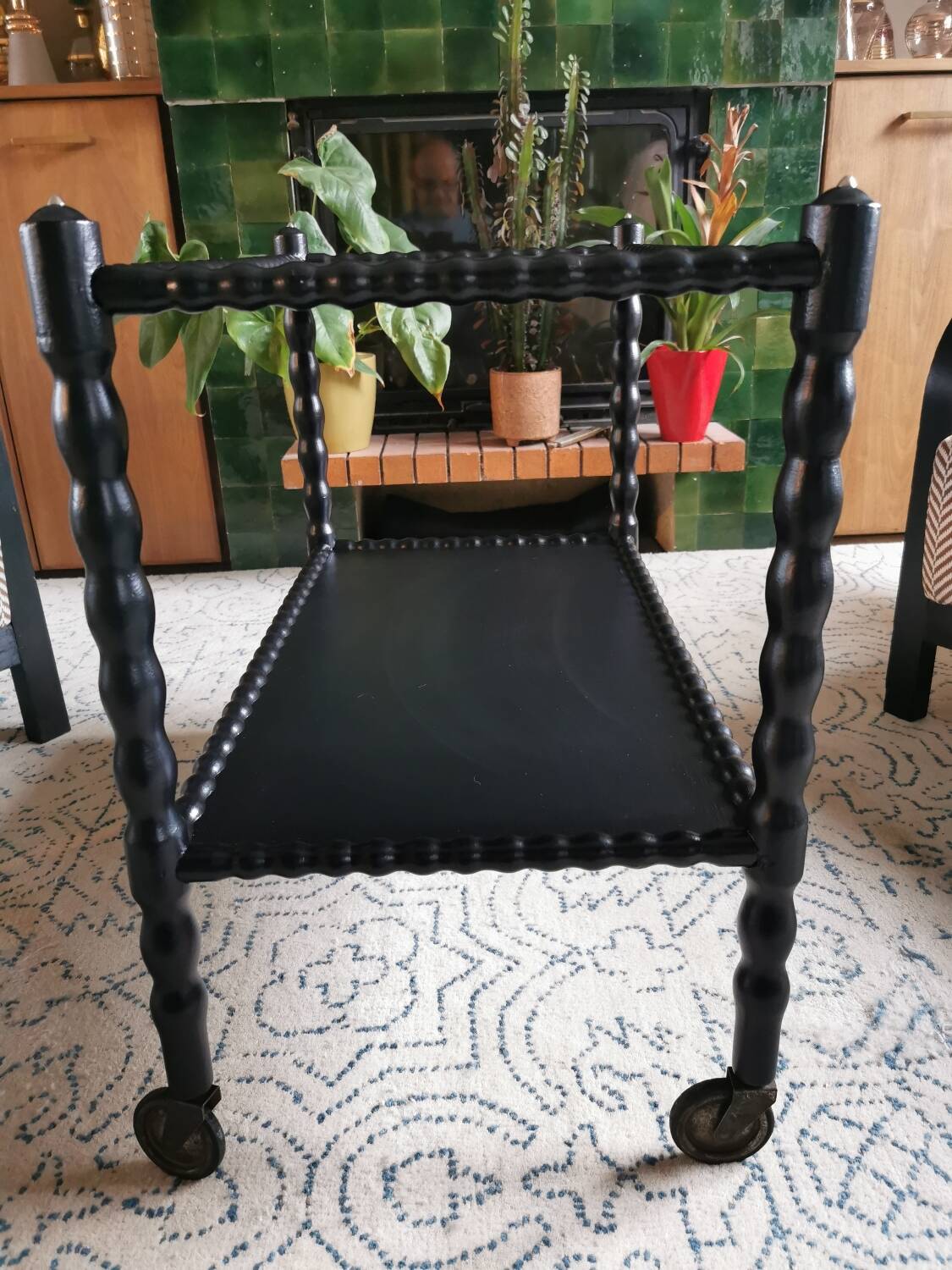 Vintage black rolling serving cart