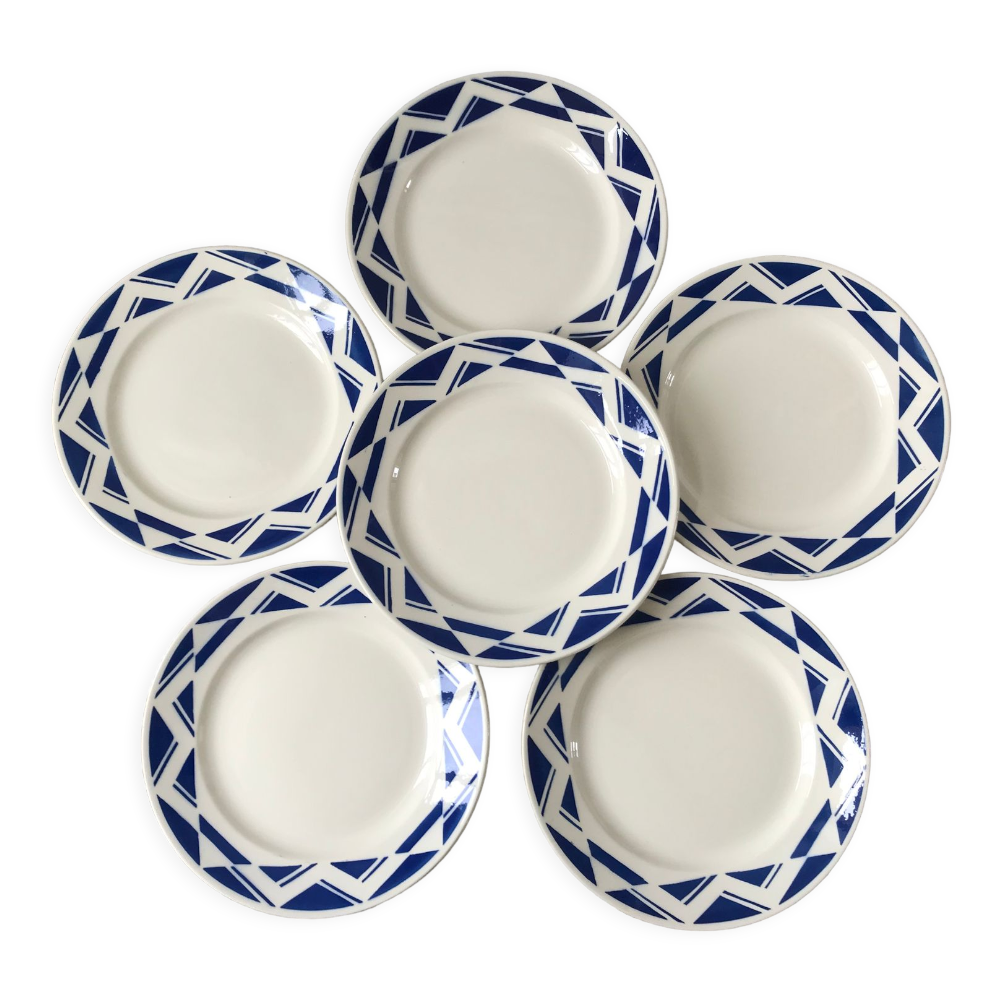 Set of 6 flat plates Badonviller model Courtilles royal blue art deco 30s
