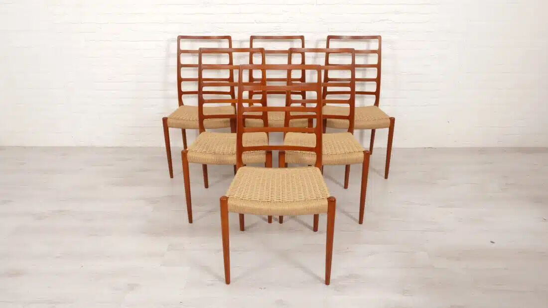 6 x vintage dining chairs | Niels Otto Møller | Model 82 | Papercord | Teak