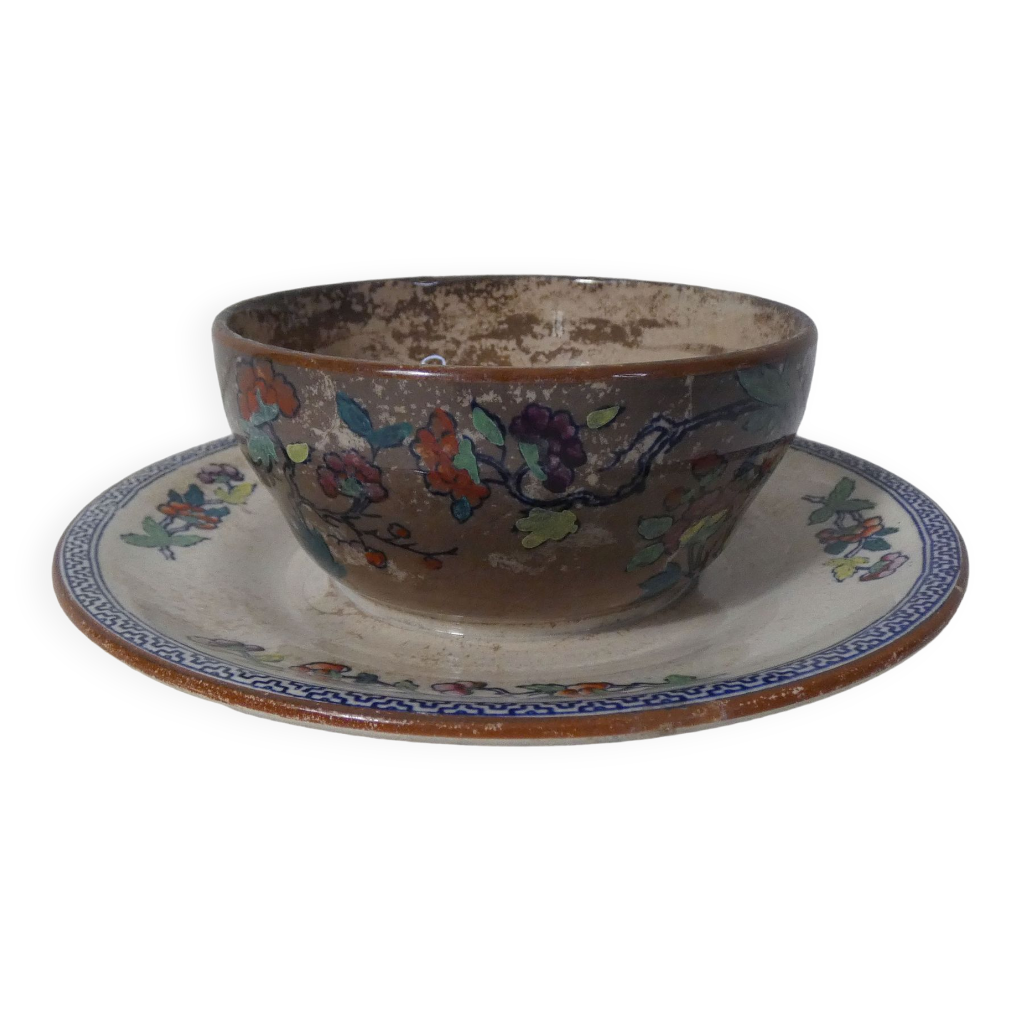 Sarreguemines old bowl with polychrome faience tray model NIPPON