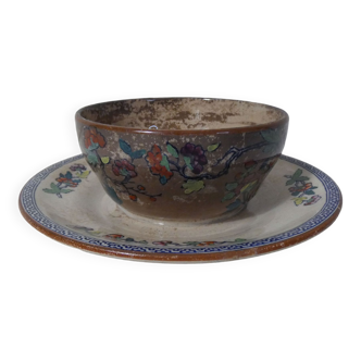 Sarreguemines old bowl with polychrome faience tray model NIPPON