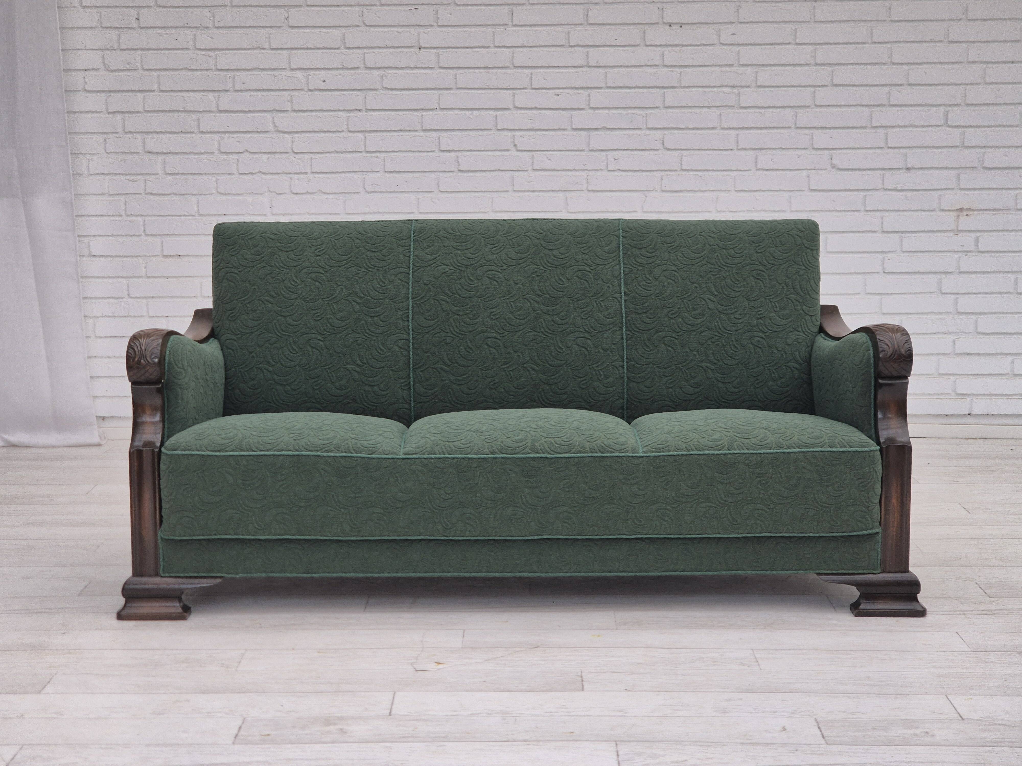 1950s, 3-seater sofa, green furniture blend wool, beech wood.