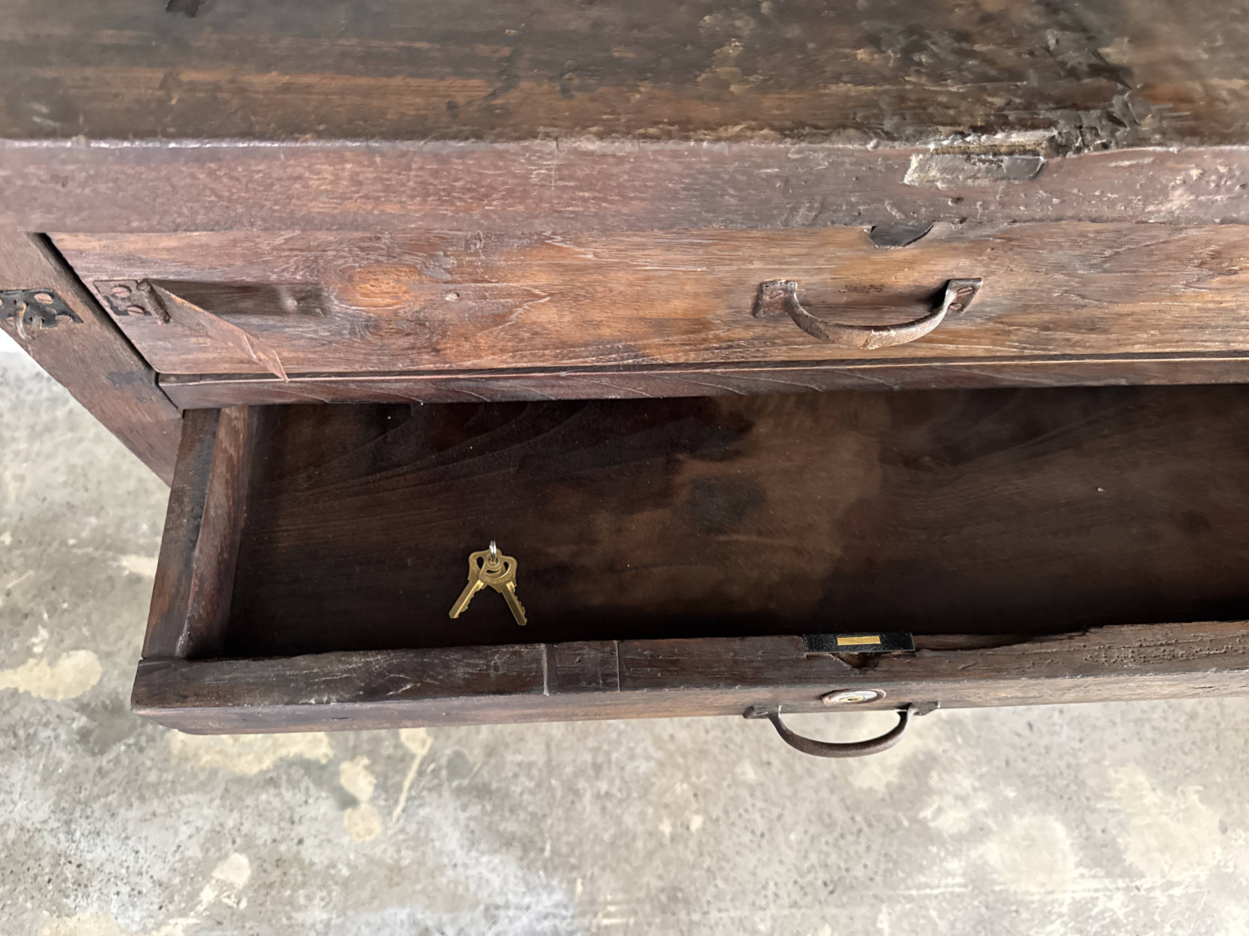Antique Indonesian teak workbench with two drawers and stretcher H89.