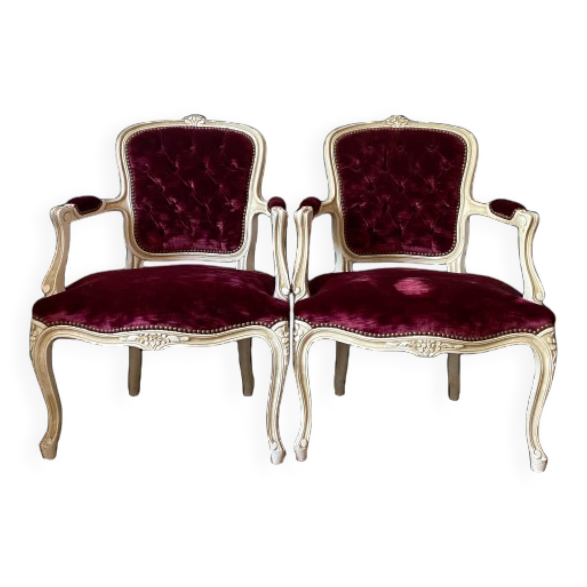 Pair of Louis XV style upholstered velvet armchairs