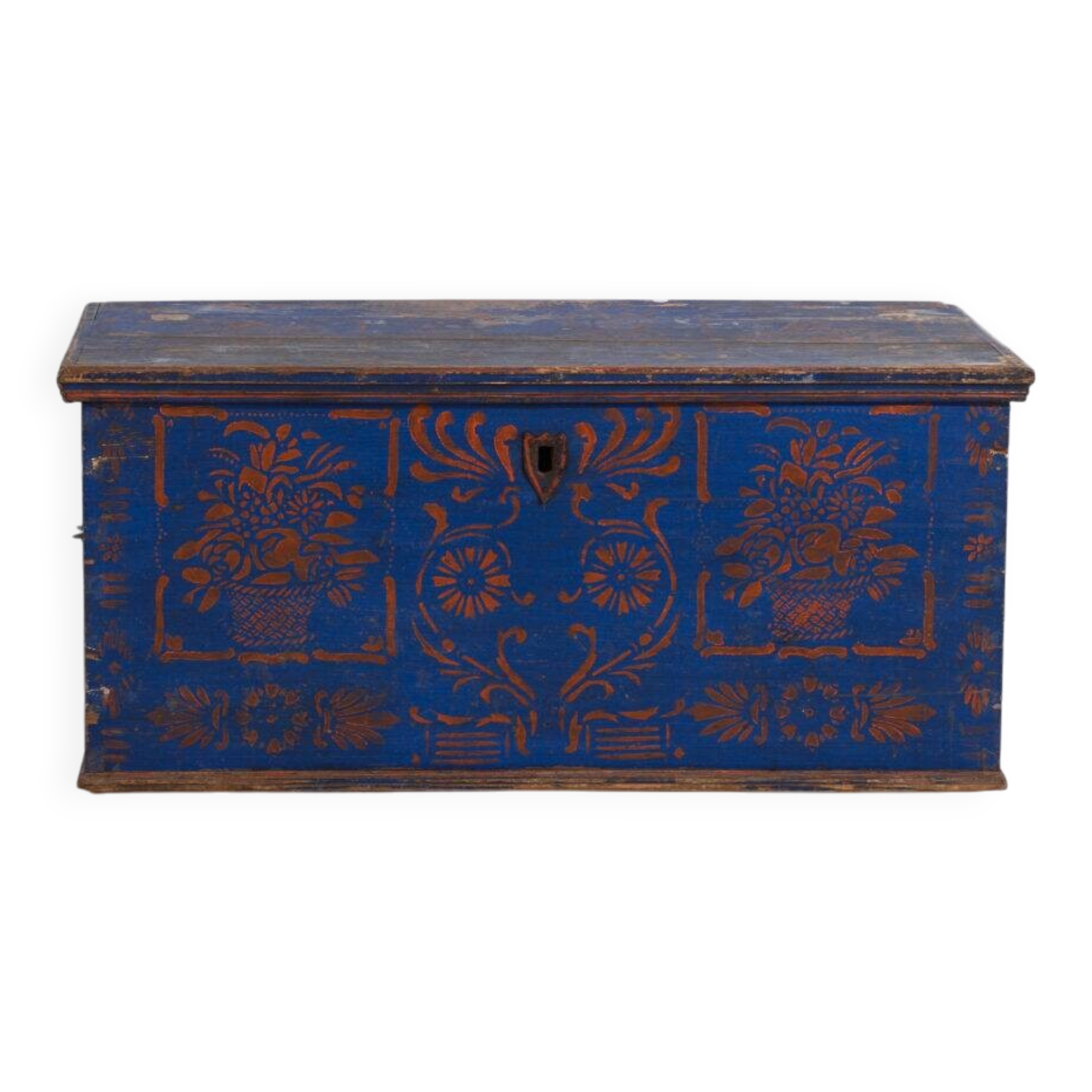 Antique wooden chest painted blue – folk art – Central Europe around 1900