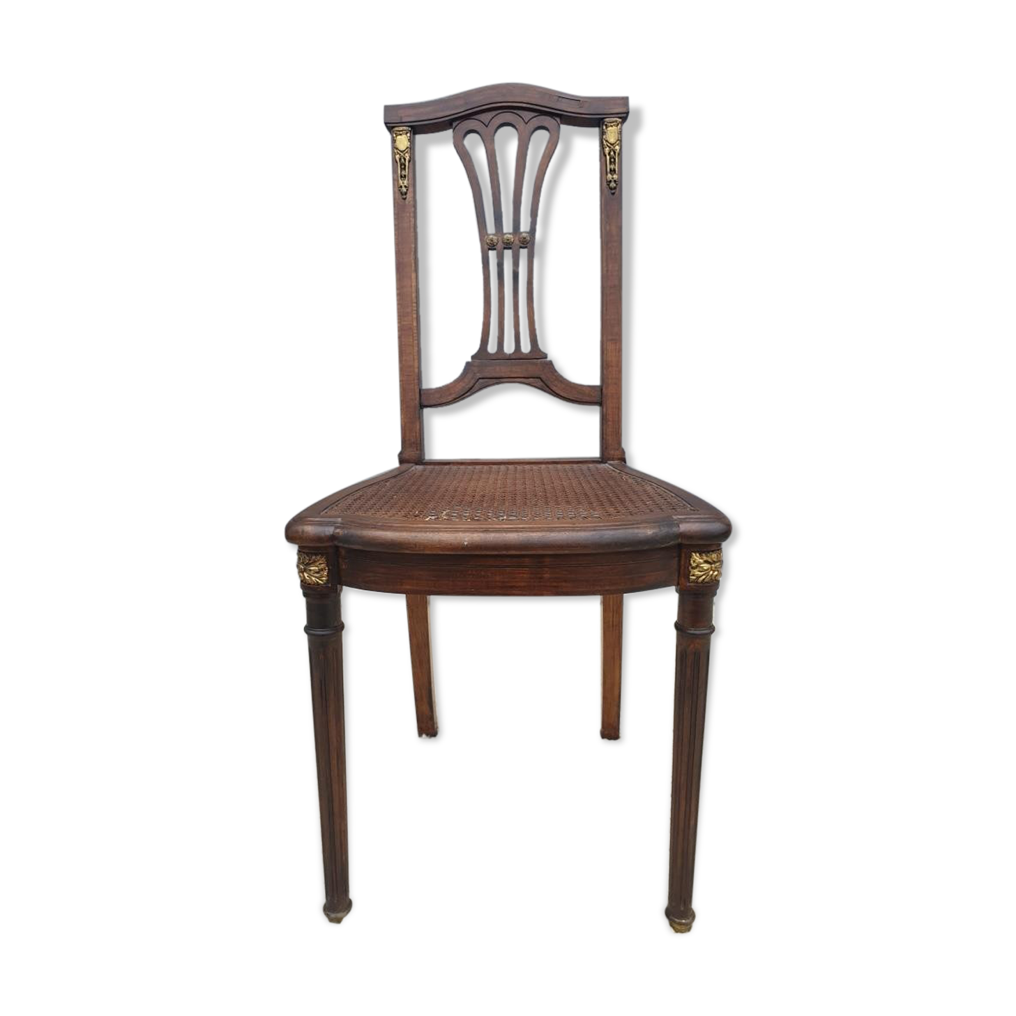 Chair canned 1900 marquetry and bronze louis XVI style