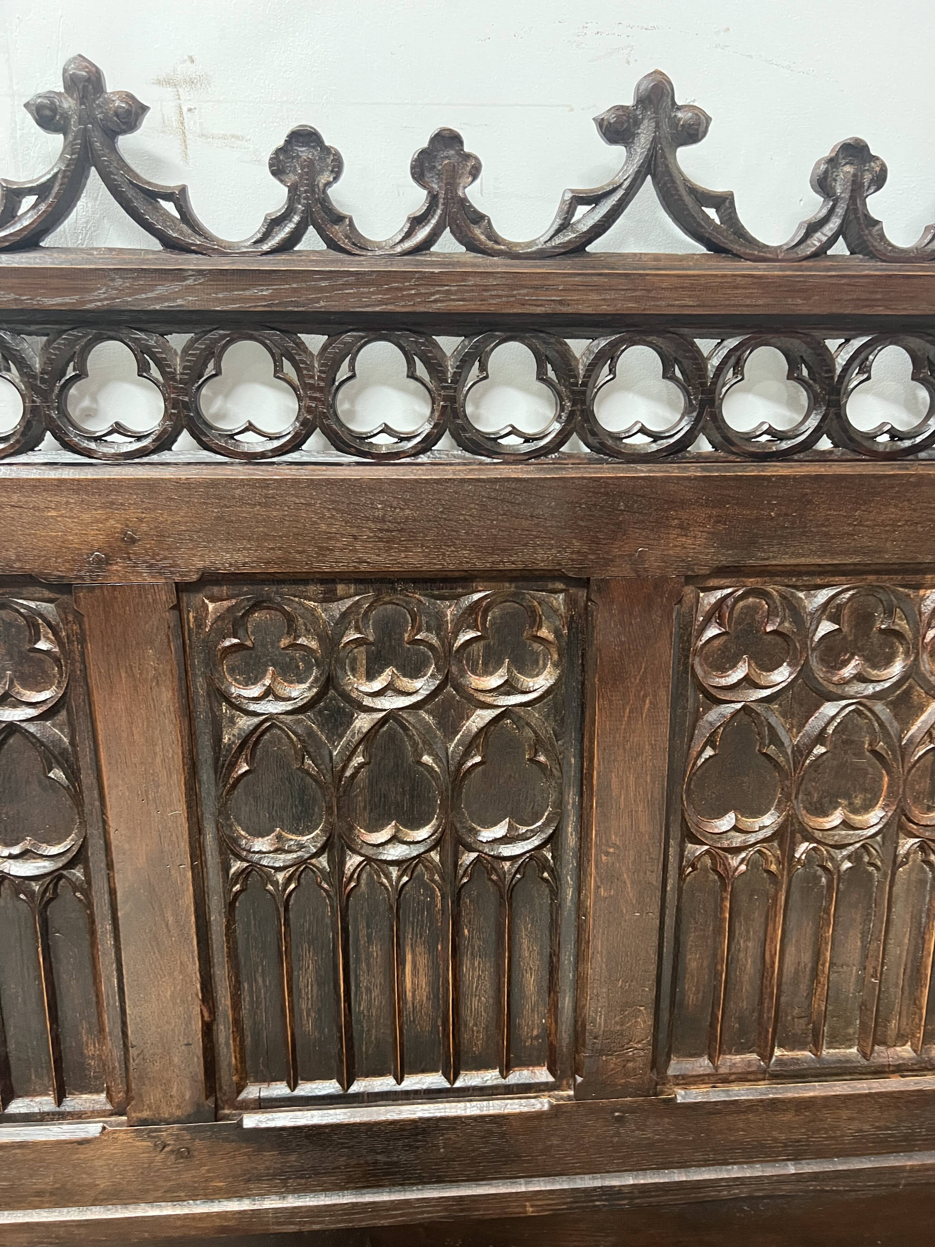 Gothic style carved oak chest bench, 19th century