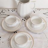 Set of 3 white and gold bistro coffee cups and coffee pot, in porcelain
