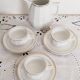 Set of 3 white and gold bistro coffee cups and coffee pot, in porcelain