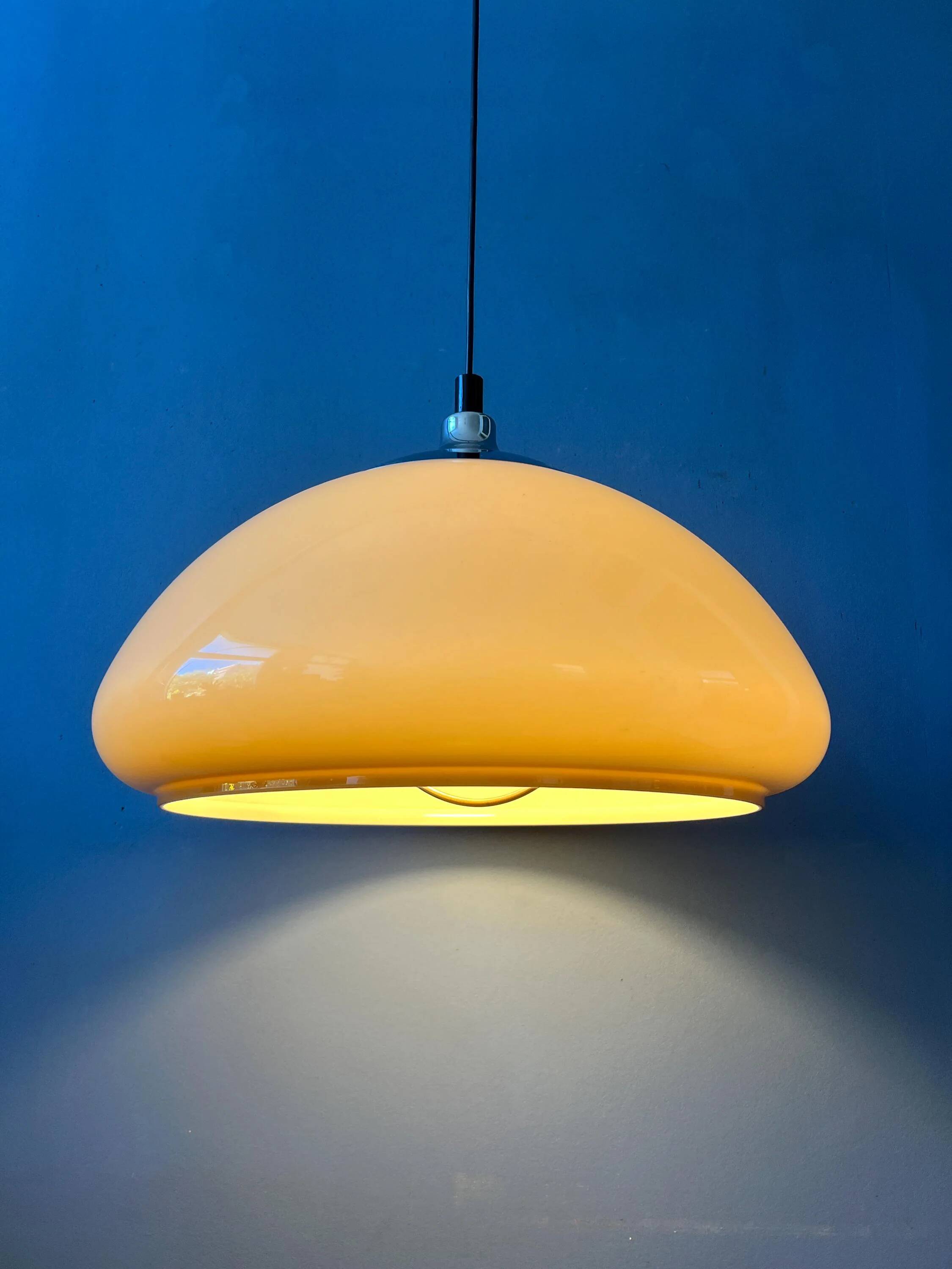 Beige acrylic glass mushroom pendant with a chrome top cap.