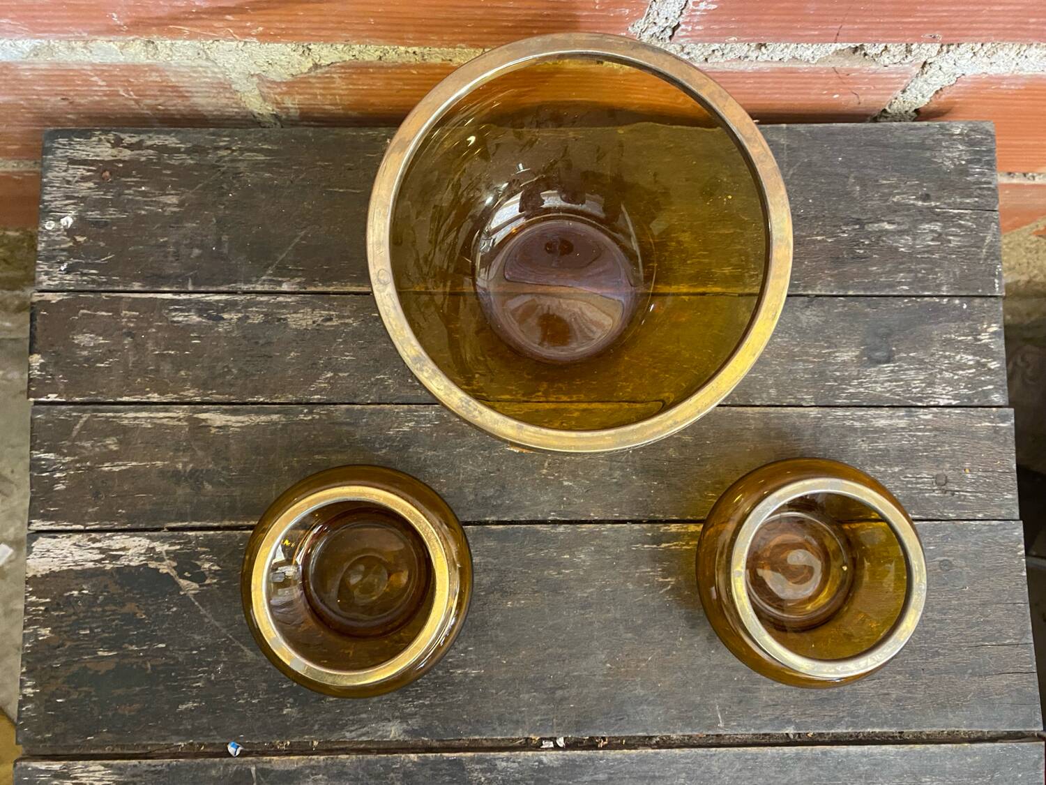 Salad bowl + 2 Antique AMBRINE Bowls Amber Glass + Gold Bronze Mounting