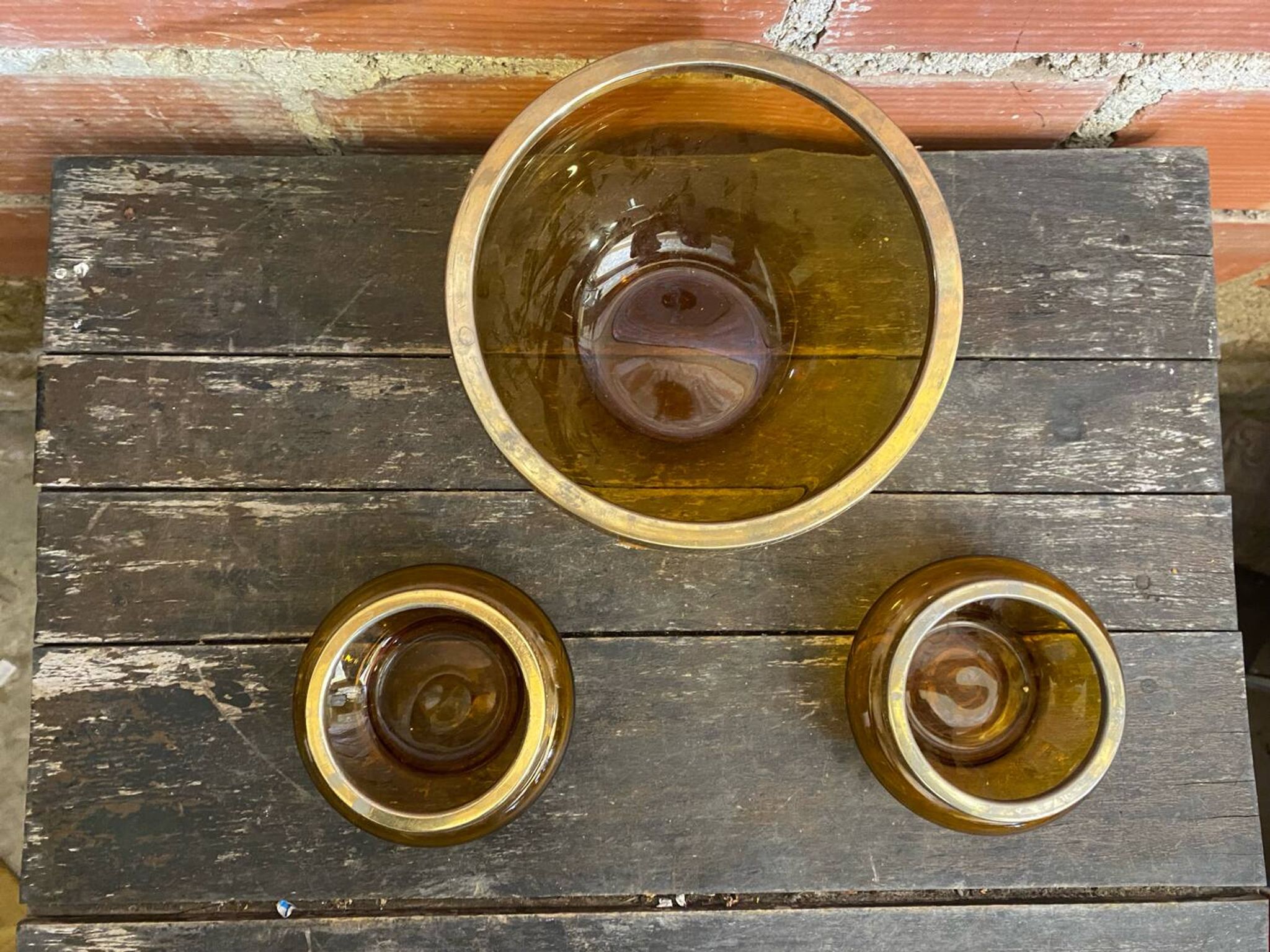 Salad bowl + 2 Antique AMBRINE Bowls Amber Glass + Gold Bronze Mounting