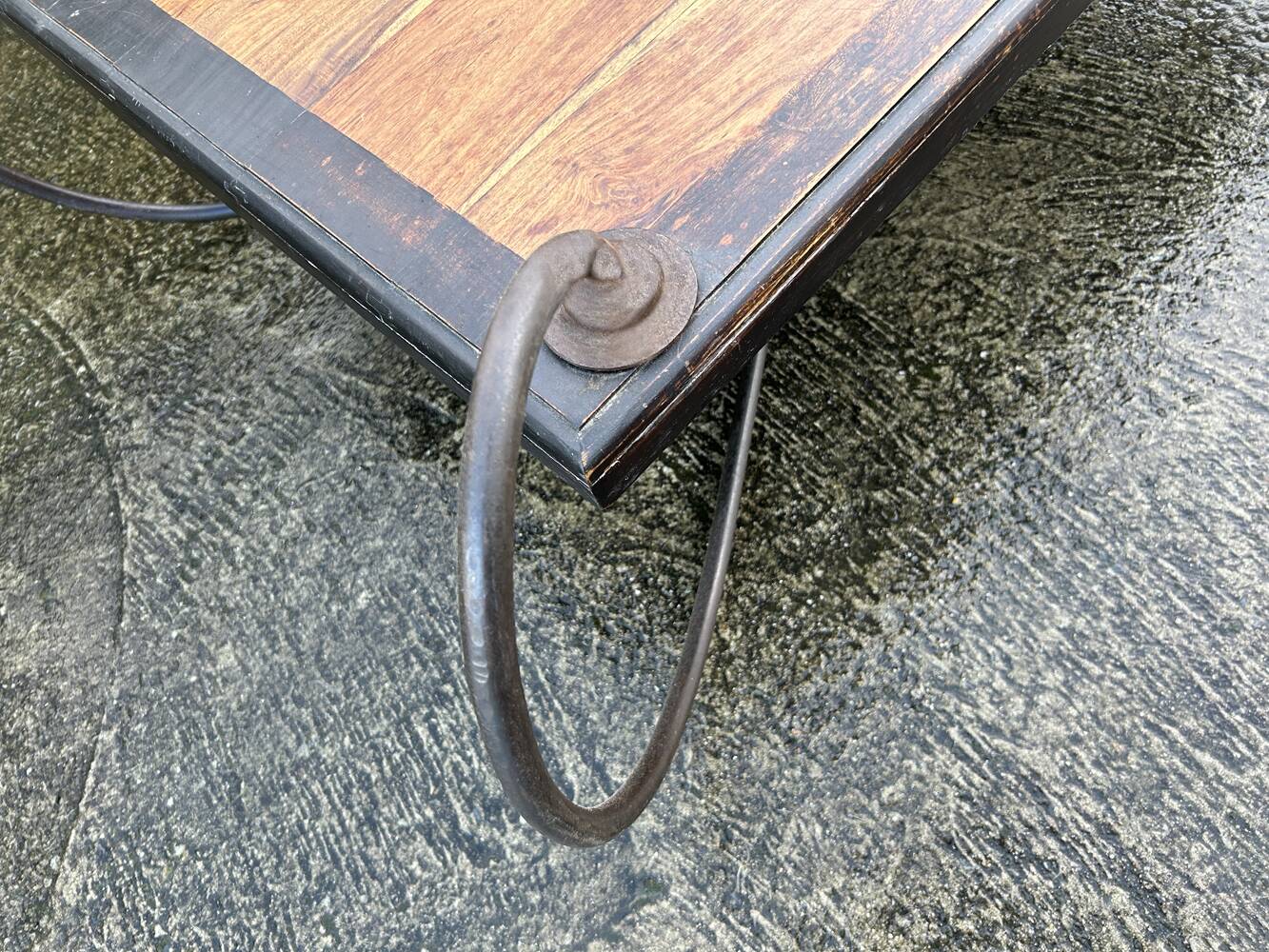 Large coffee table, wood and wrought iron, industrial spirit, vintage, 80s