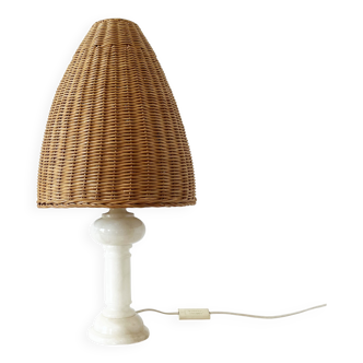Vintage alabaster and wicker lamp 1960