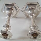 Pair of Regency-style candle holders in silver metal with hexagonal foot