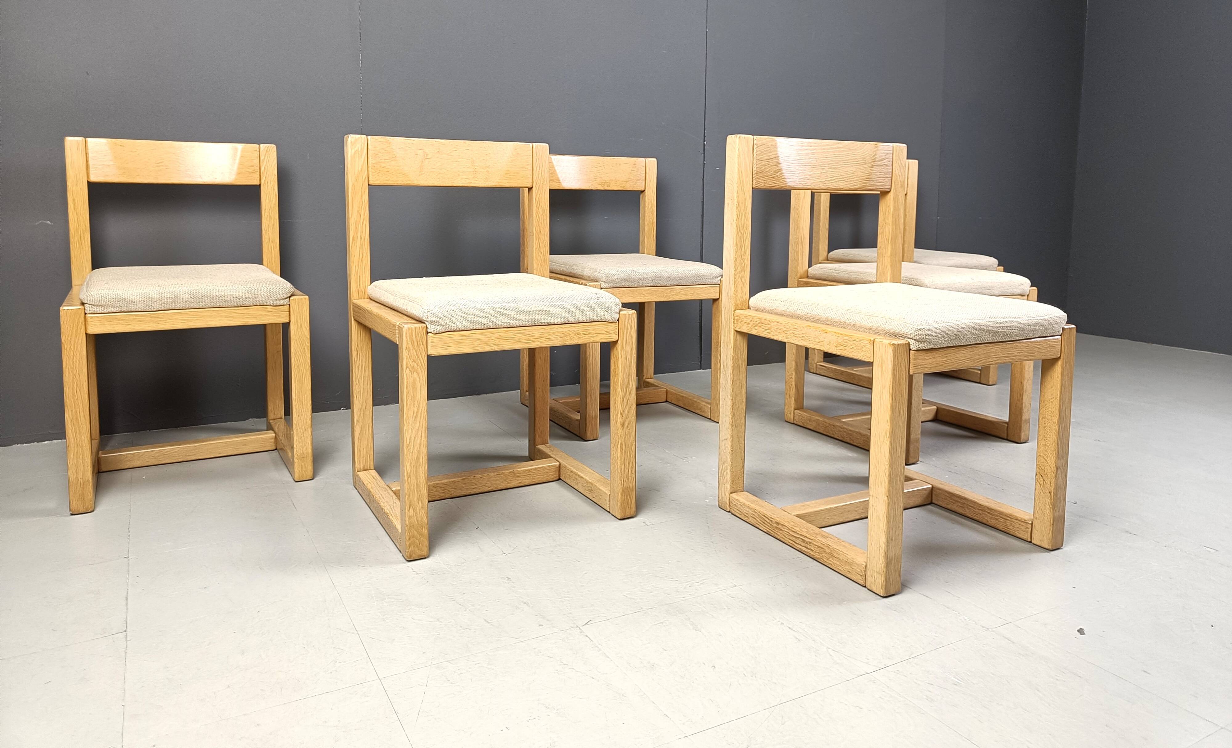 6 Brutalist oak and grey fabric dining chairs, 1970s