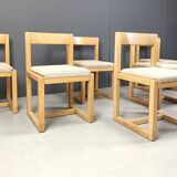 6 Brutalist oak and grey fabric dining chairs, 1970s