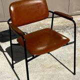 Fauteuil en métal, chêne et simili cuir vintage 1950