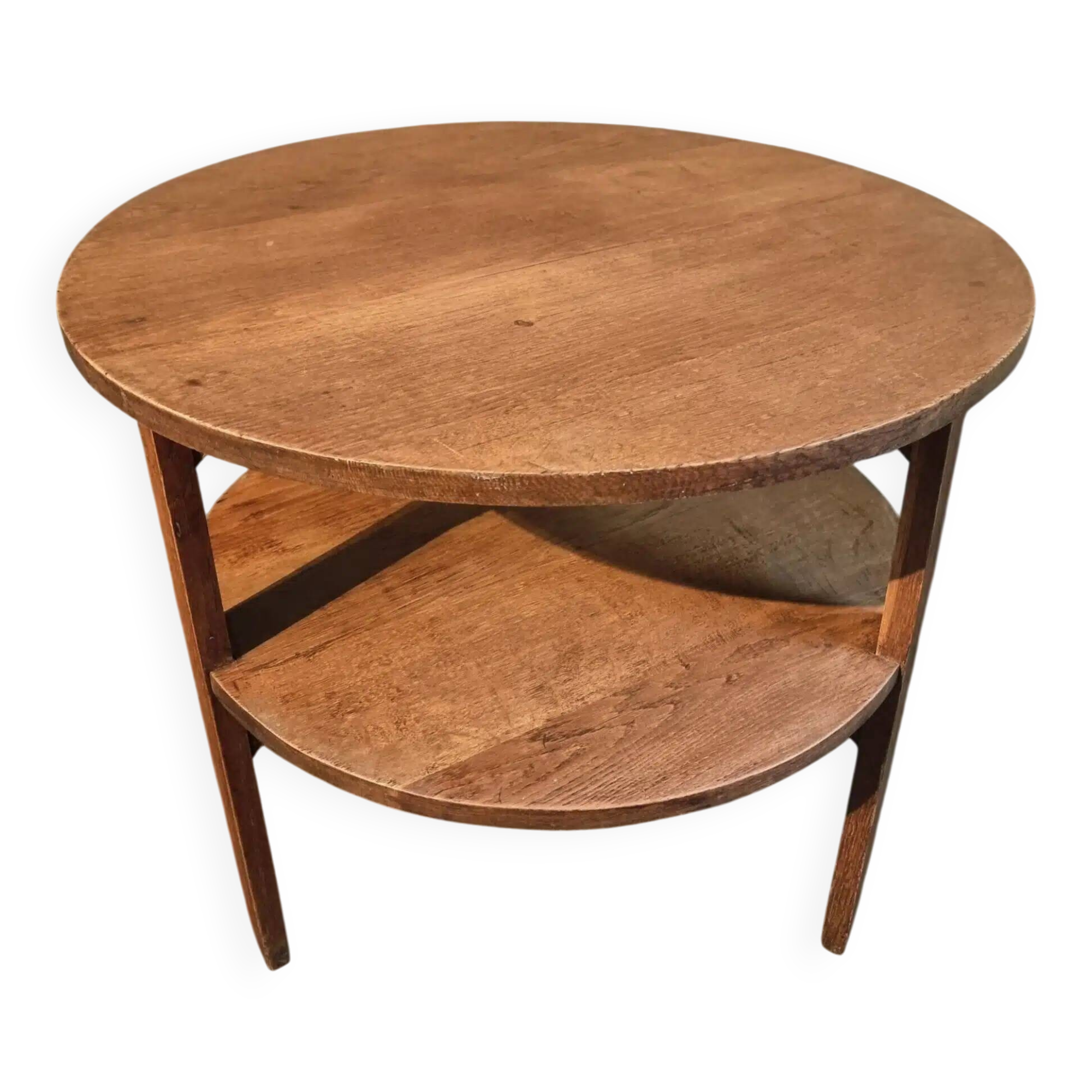 Vintage solid oak coffee table | 1930s round side table with shelf