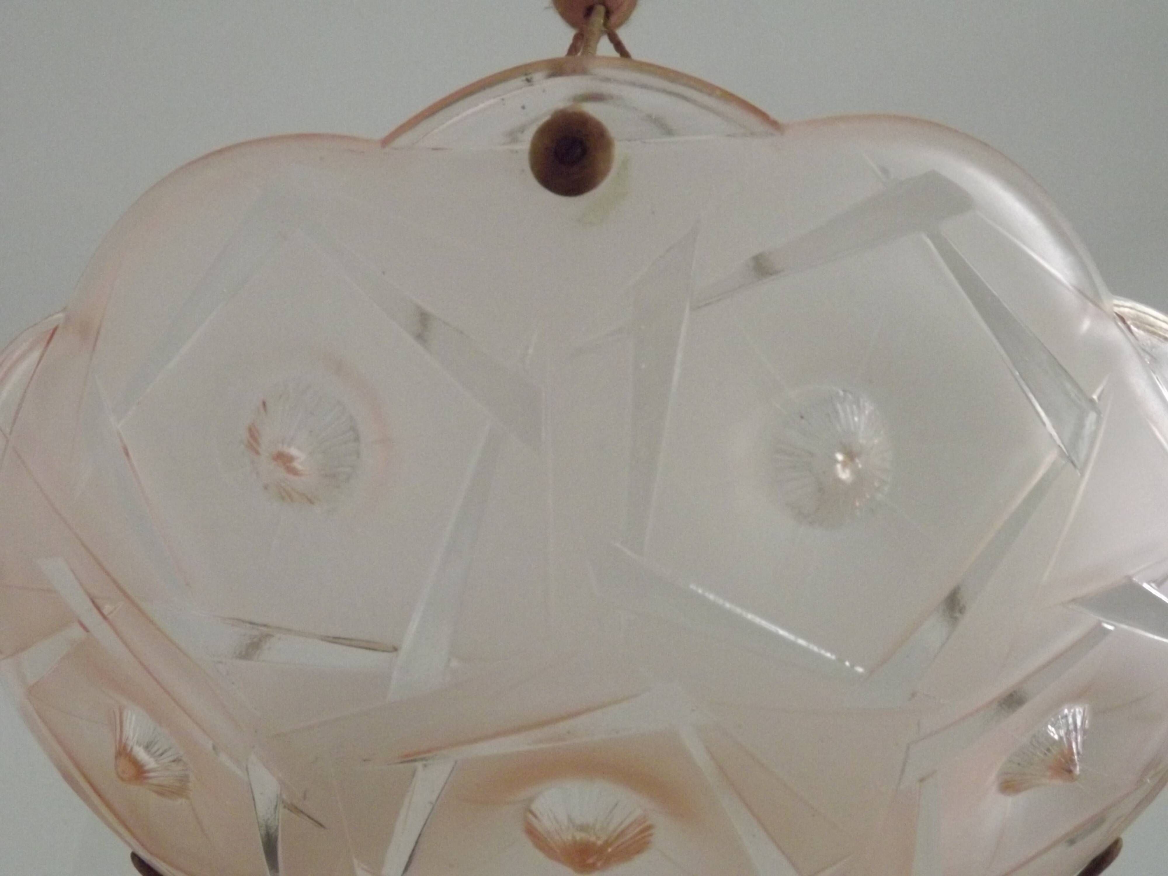 French Art Deco Stamped 1053 Pink Glass Plafonnier Hanging Light Pink Ropes