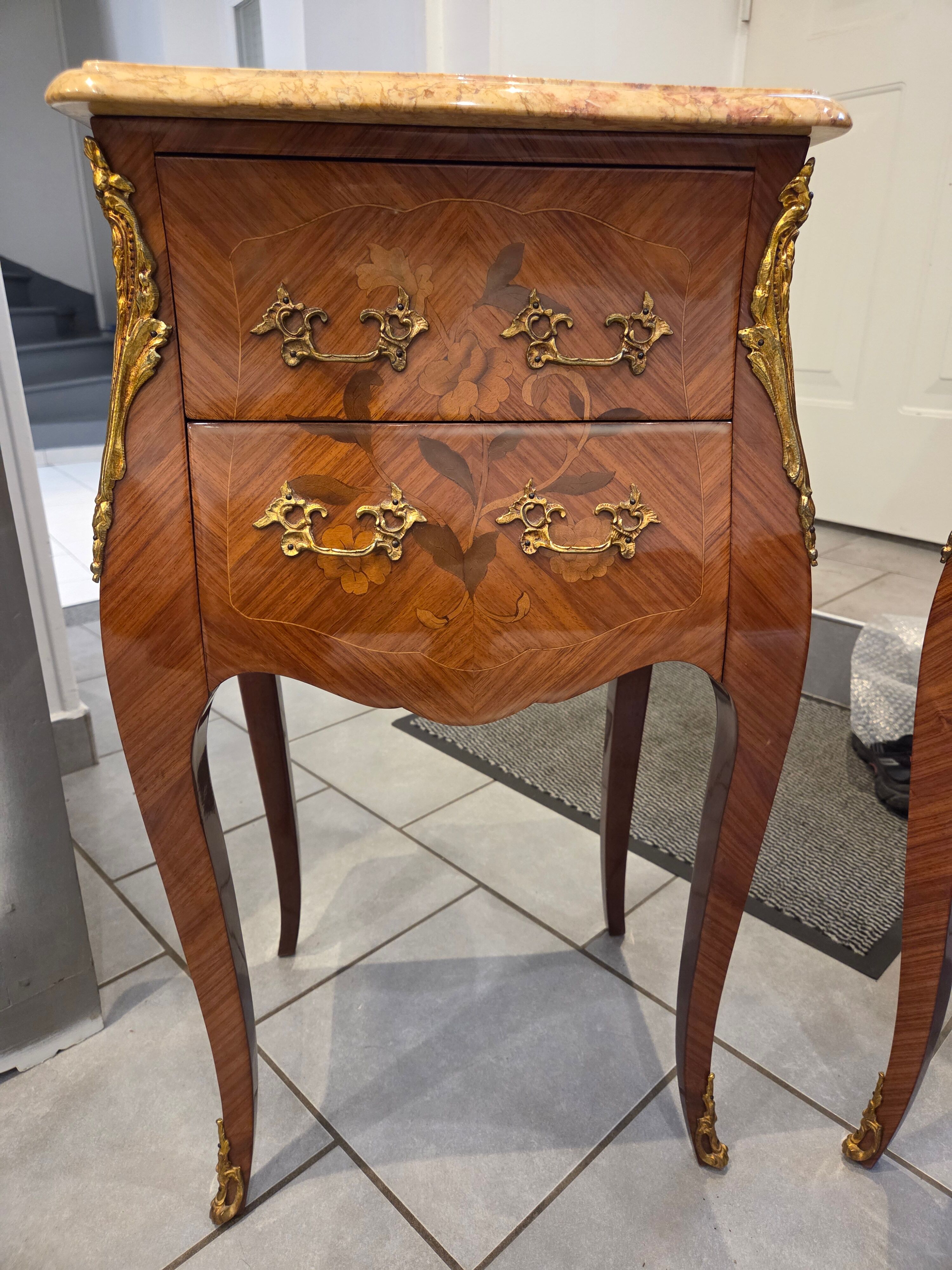 Pair of bedside tables in Louis XV style with marquetry - marble
