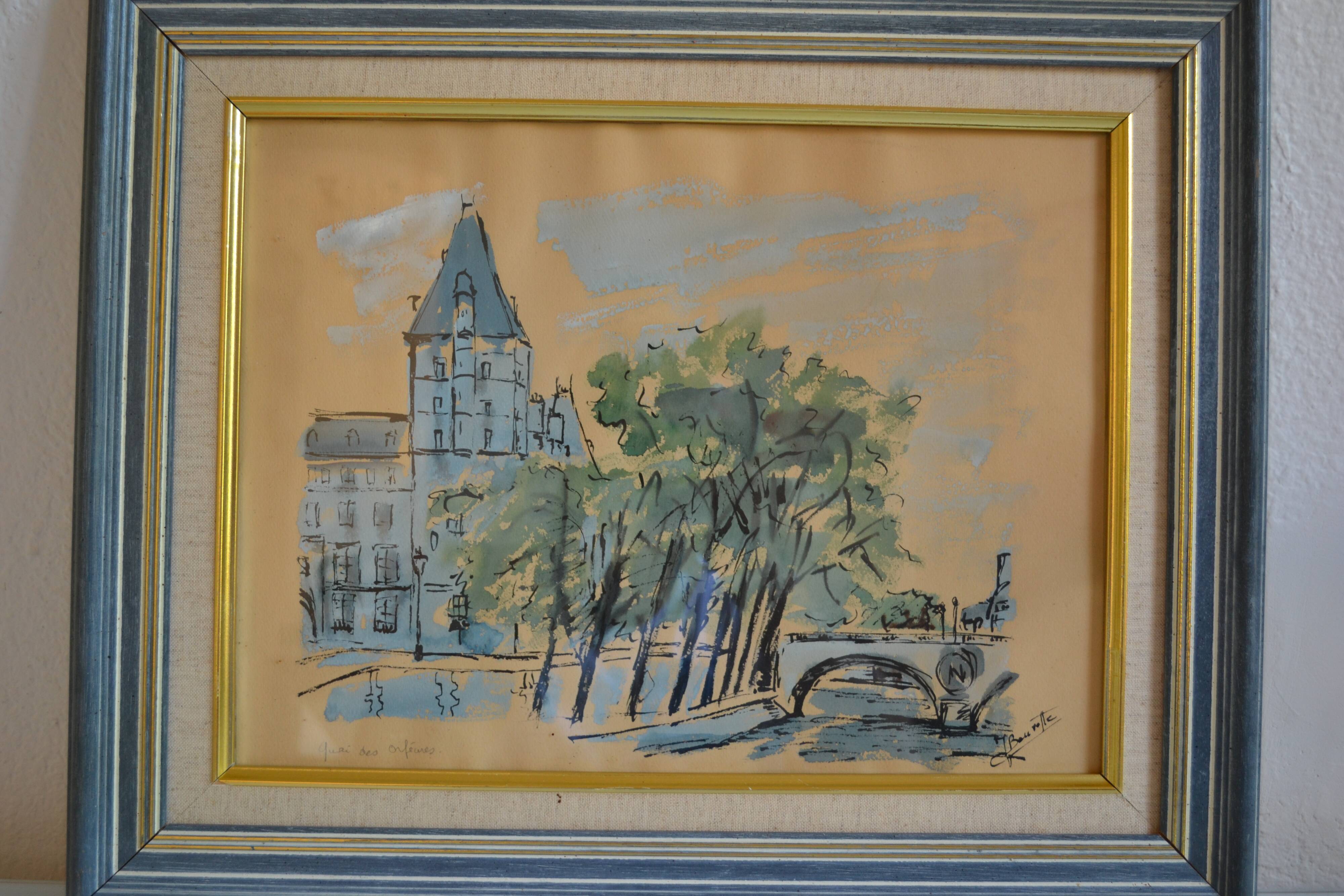 Paris the quai des orfèvres and the pont saint michel painting framed under glass