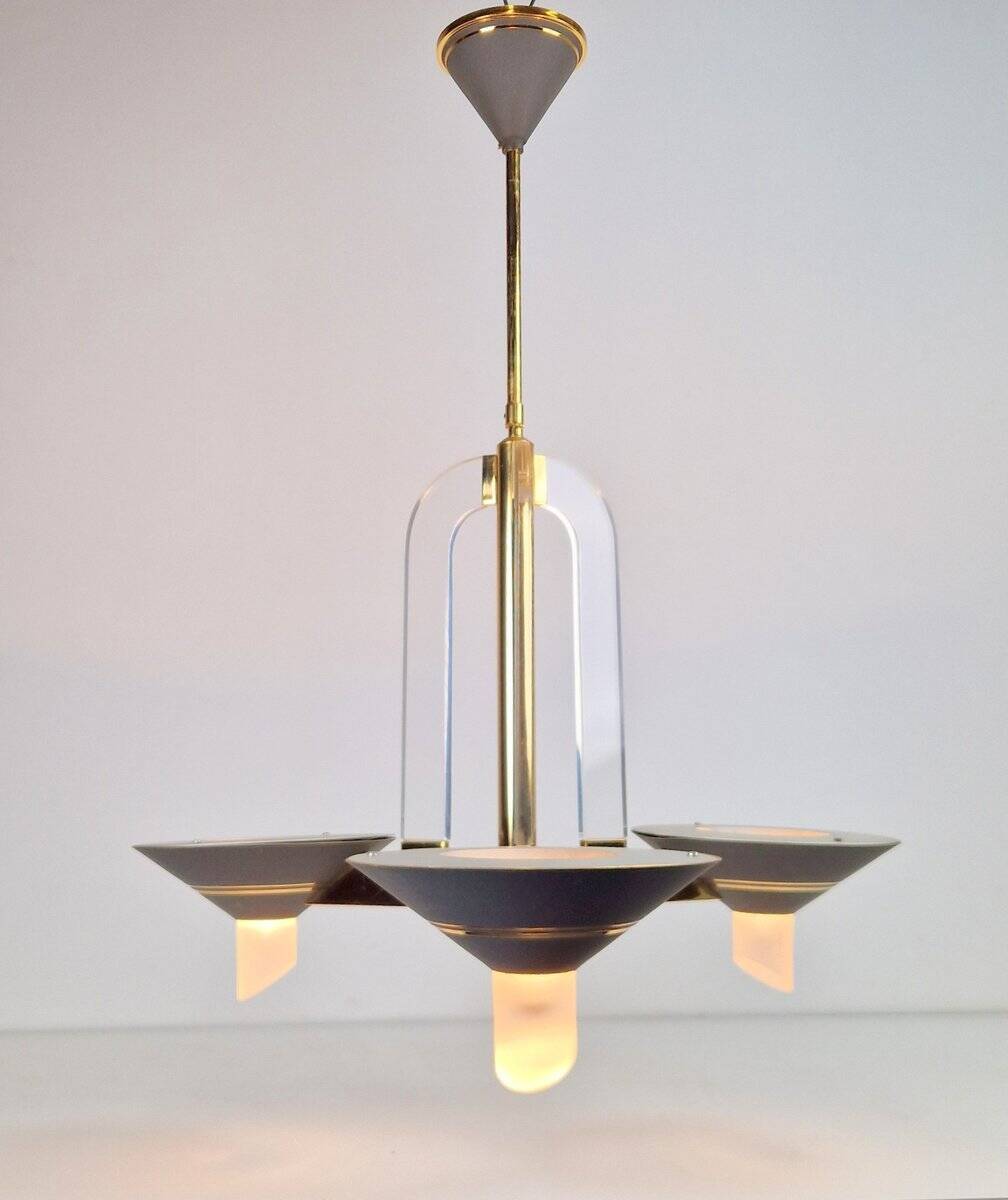 Vintage French Brass Acrylic Chandelier, 1970s
