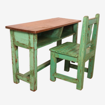 Old Burmese teak school chair and set original green patina, height under desk