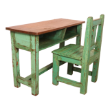 Old Burmese teak school chair and set original green patina, height under desk