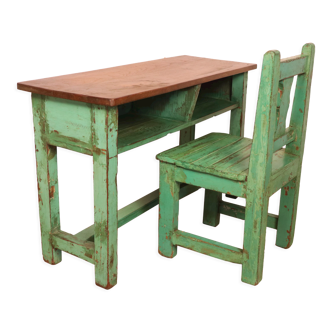 Old Burmese teak school chair and set original green patina, height under desk