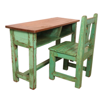 Ancien set pupitre et chaise d'écolier en teck birman patine verte d'origine / hauteur sous pupitre