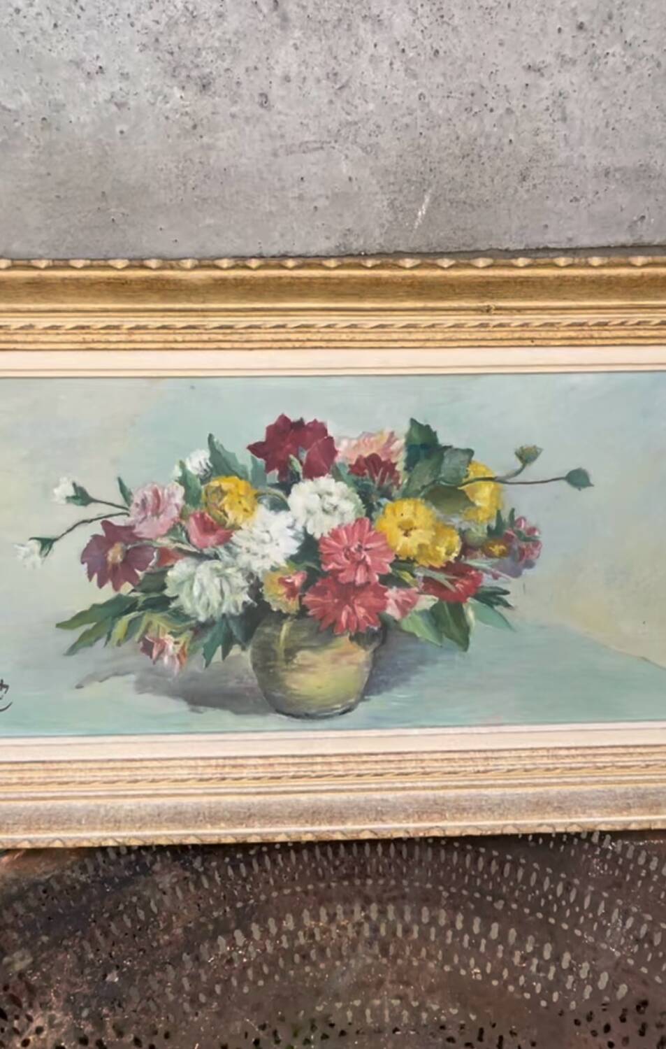 Large vintage painting of a bouquet of flowers signed EA Foix