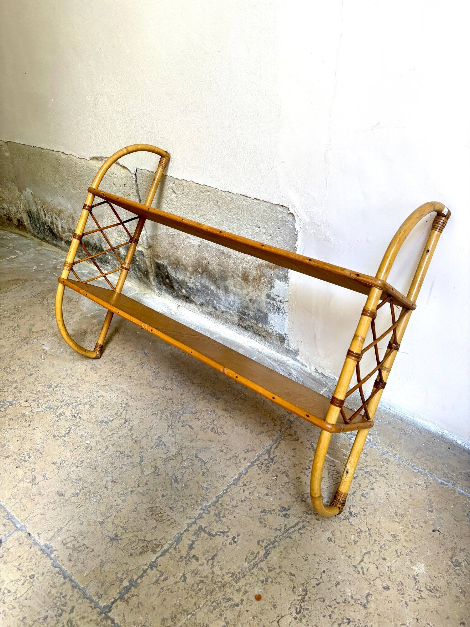 Wall shelf in wood and rattan, 1960s