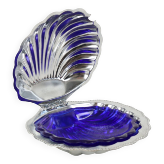 Shell Butter Bowl Caviar Holder Chrome Blue Glass Vintage