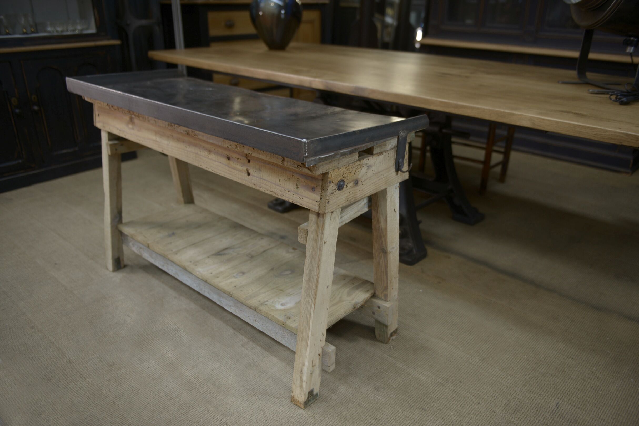 Industrial console table in fir and metal 1930