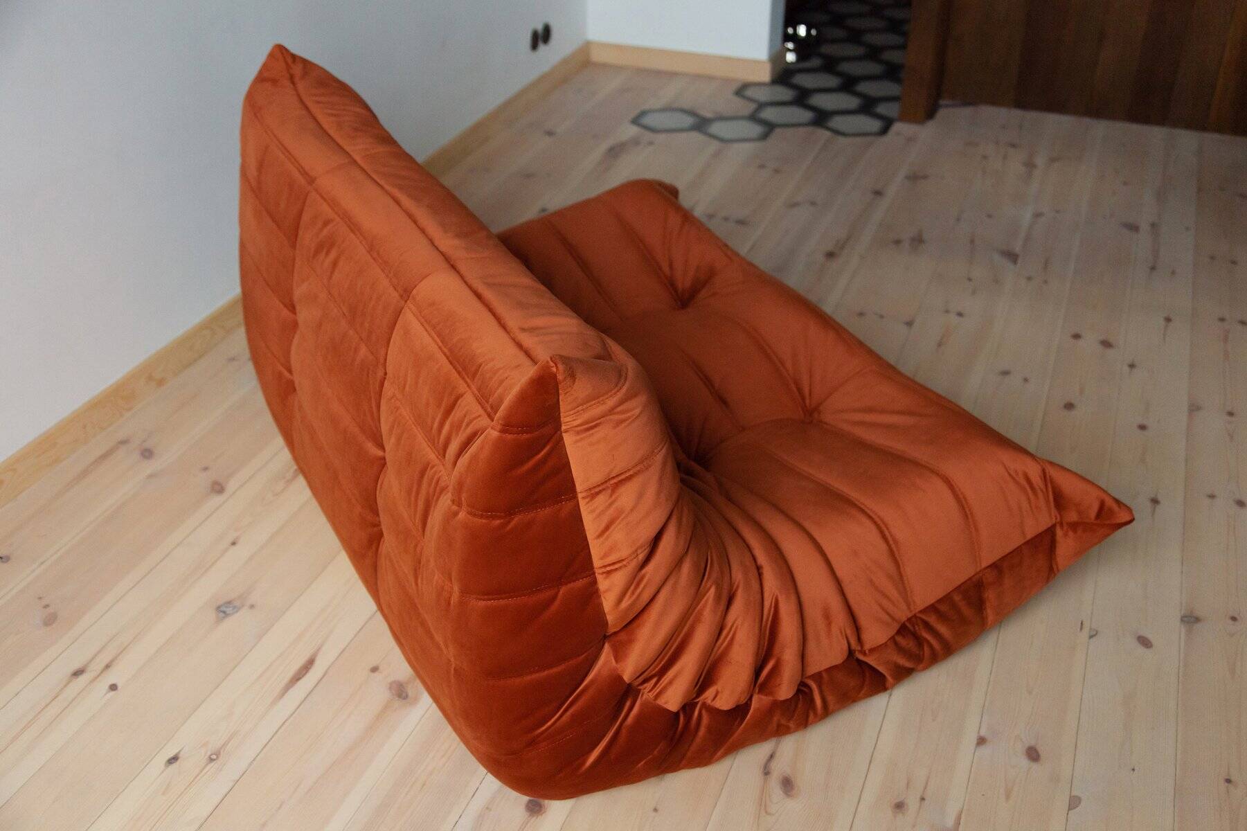 Togo two-seater sofa in amber orange velvet by Michel Ducaroy for Ligne Roset, 1973