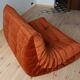 Togo two-seater sofa in amber orange velvet by Michel Ducaroy for Ligne Roset, 1973
