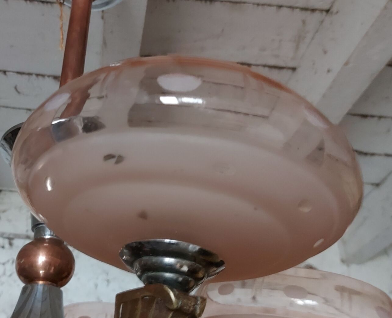Chandelier 5 pink globes nickel, copper art deco 1950