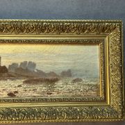 A. Laemmermann, oil painting on cardboard depicting a rocky landscape.