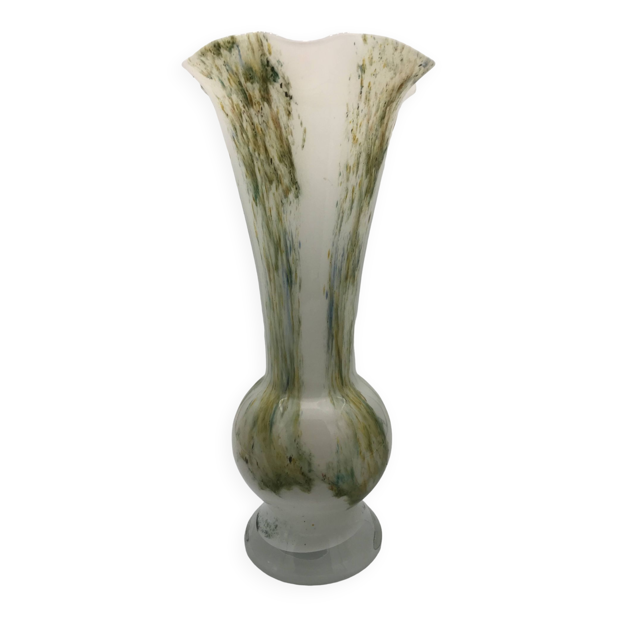 Vase in white opaline blown glass and green, yellow, blue polychrome shades