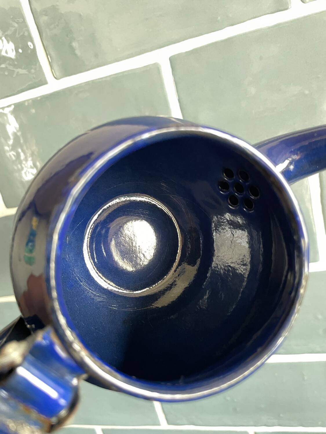 Mini blue enamelled sheet metal teapot