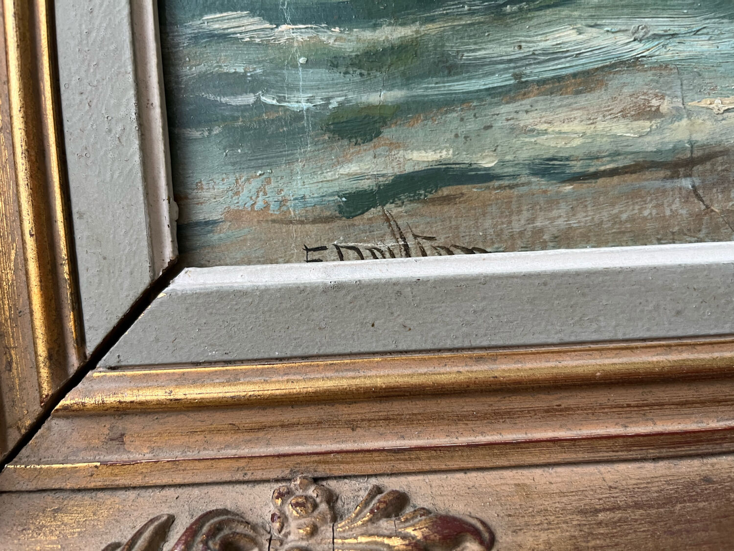 La baie, huile sur carton, cadre stuc doré