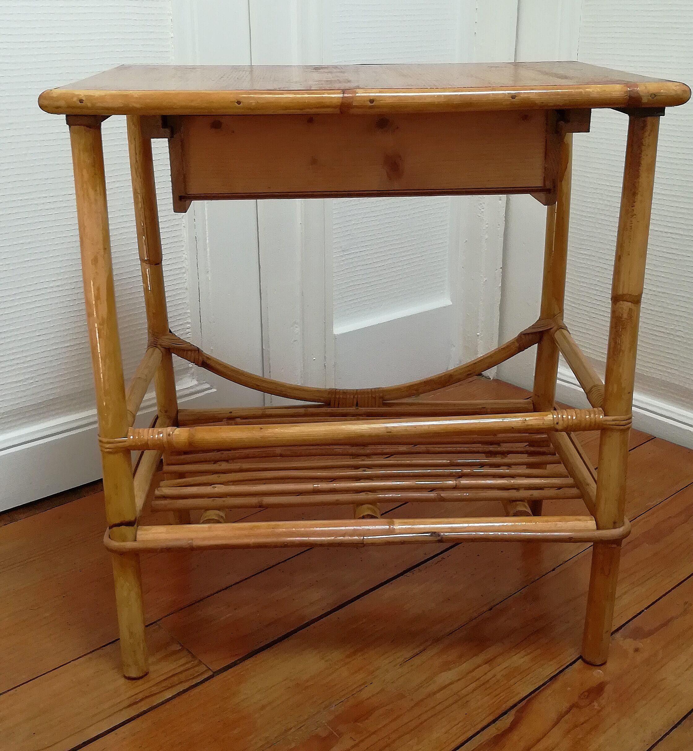 Rattan and vintage bamboo bedside table