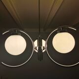 Chrome chandelier with 3 white glass spheres, 70s