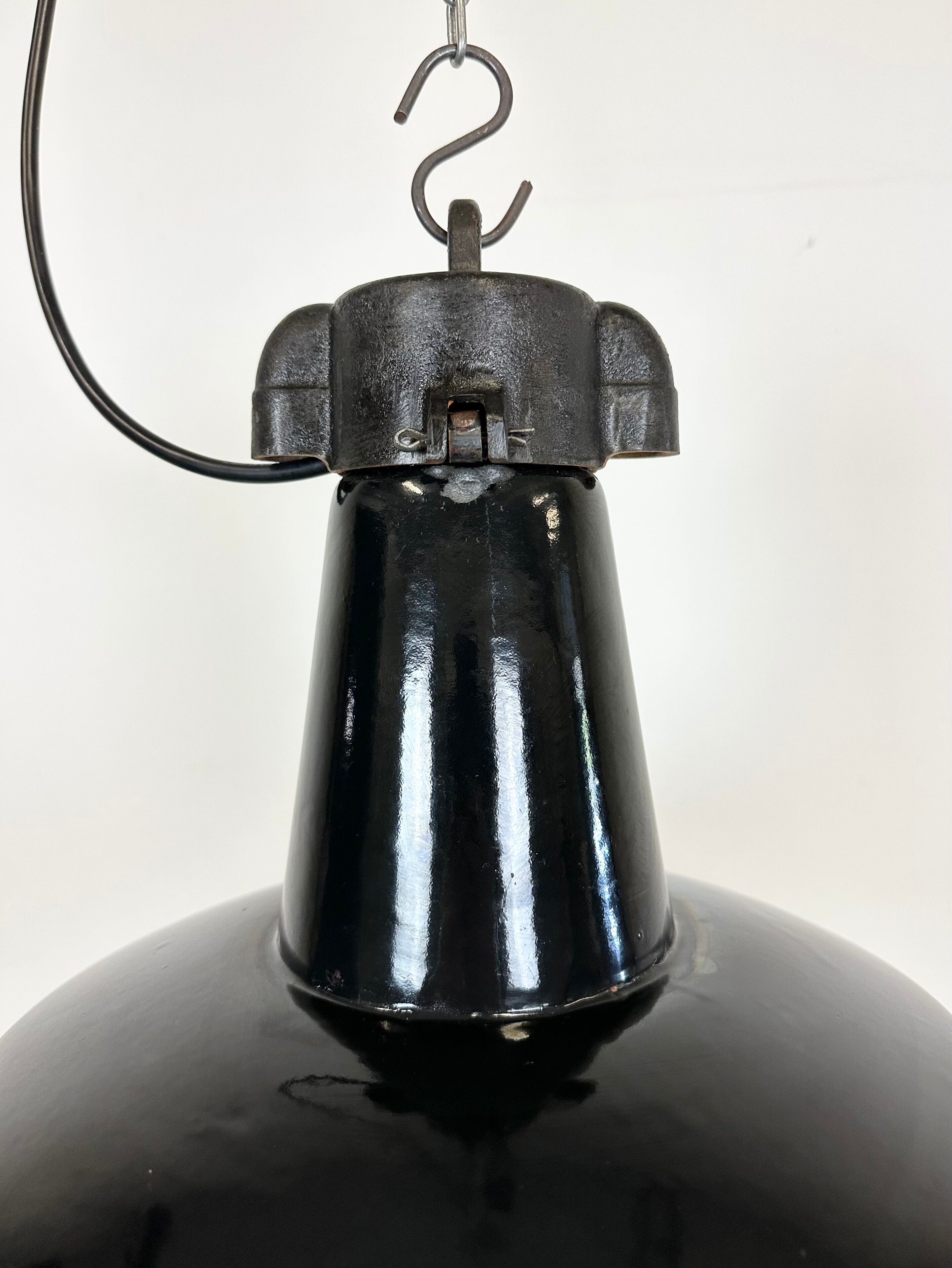 Industrial Black Enamel Factory Lamp with Cast Iron Top, 1950s